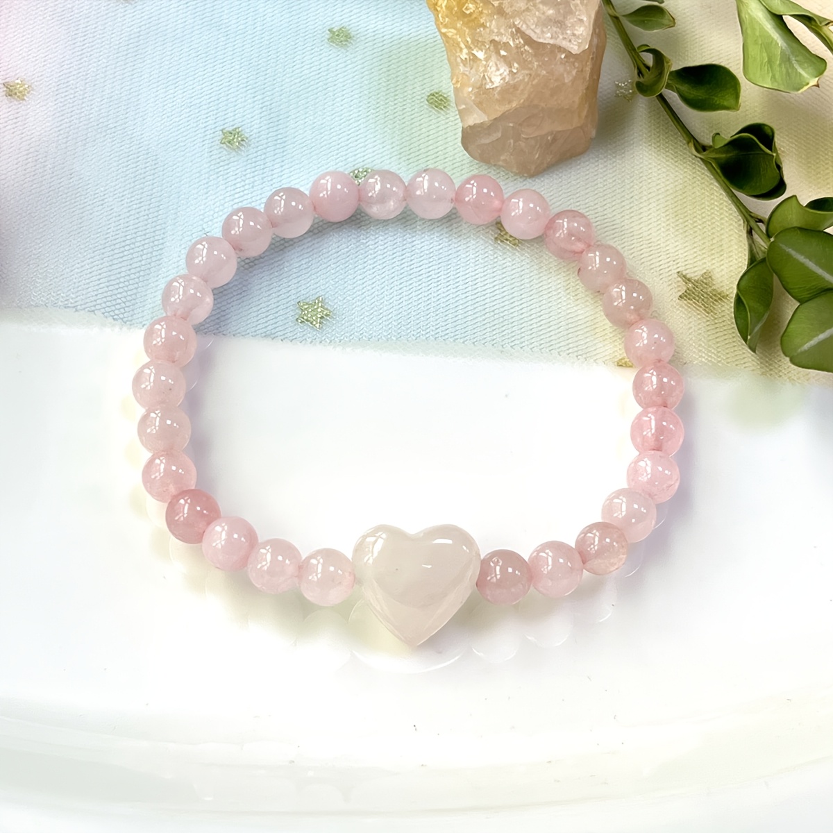 Trendy 6Mm Rose Quartz Heart Beaded Bracelet, Boho Chic